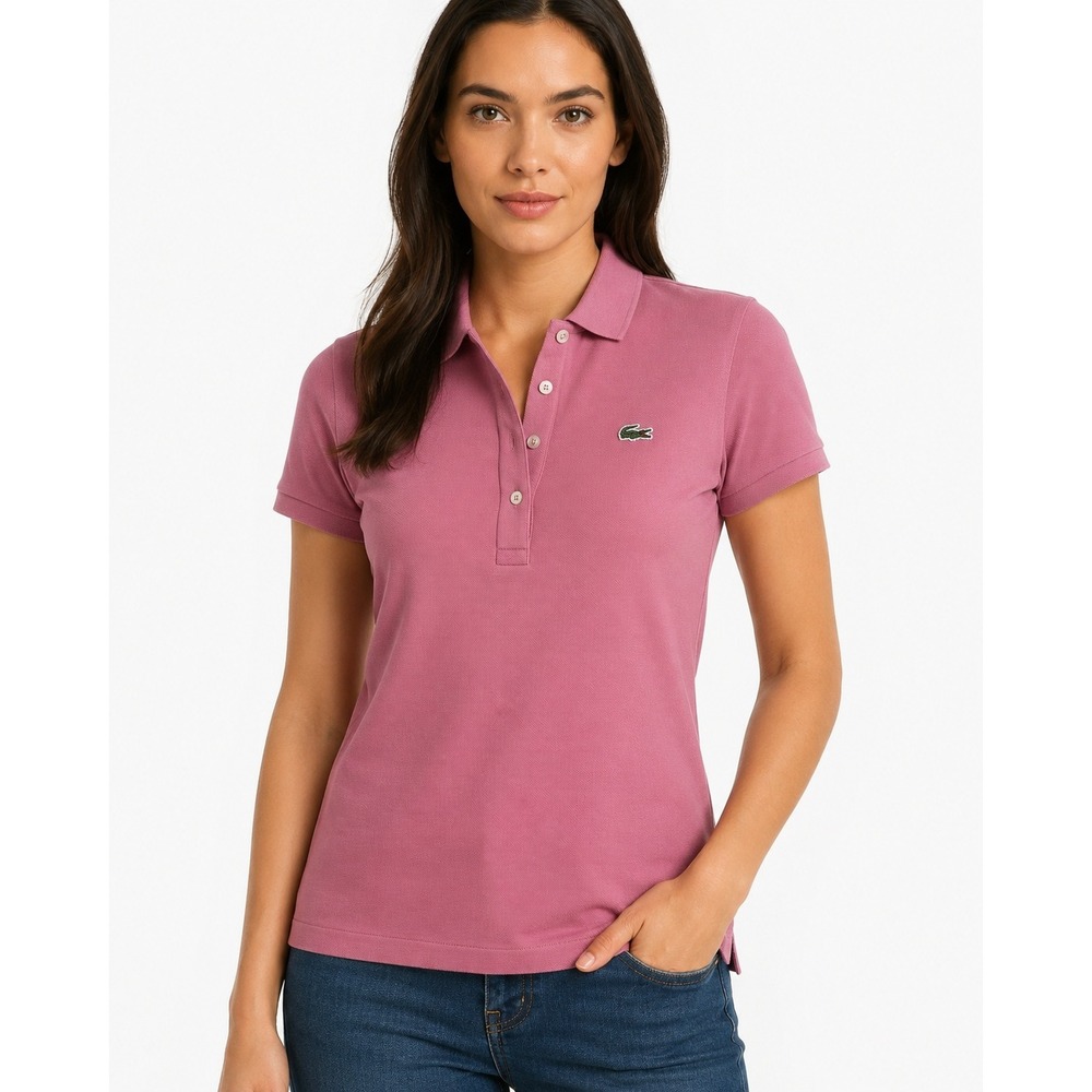 Lacoste Womens Short Sleeve Pique Polo Shirt Pink Crocodile Logo Size 40